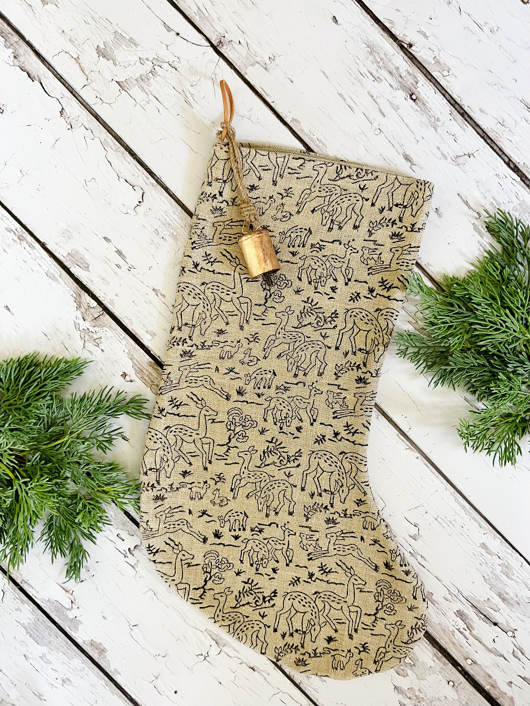 Vintage Inspired Reindeer Linen Print Christmas Stockings | Trendy Christmas Stocking | Modern Farmhouse Christmas Stockings | High End