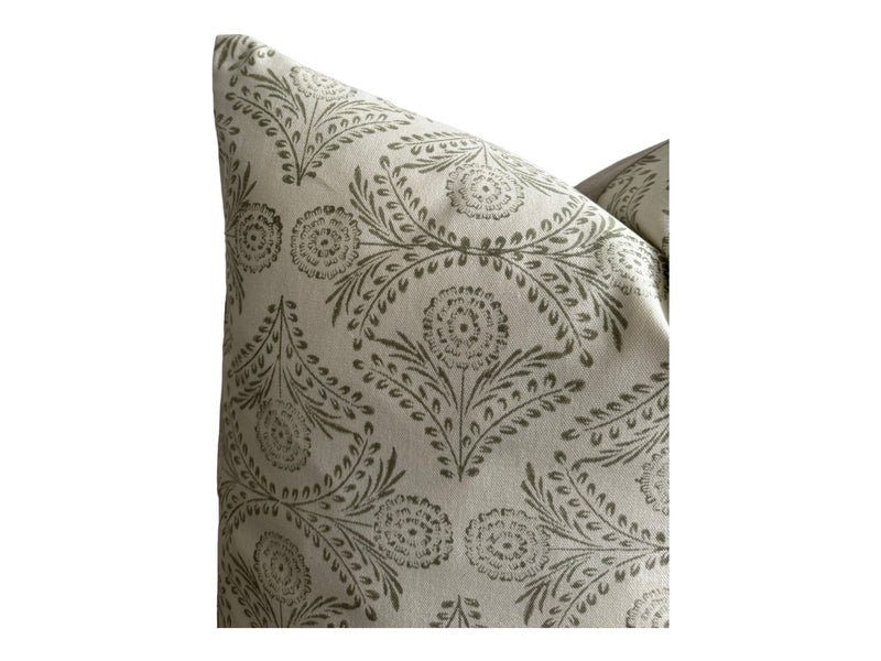 READY TO SHIP 20X20 Designer Gaaya Cream Olive Green Pillow Cover // Floral Block Print Pillow Cover // Boutique Pillow // Modern Farmhouse