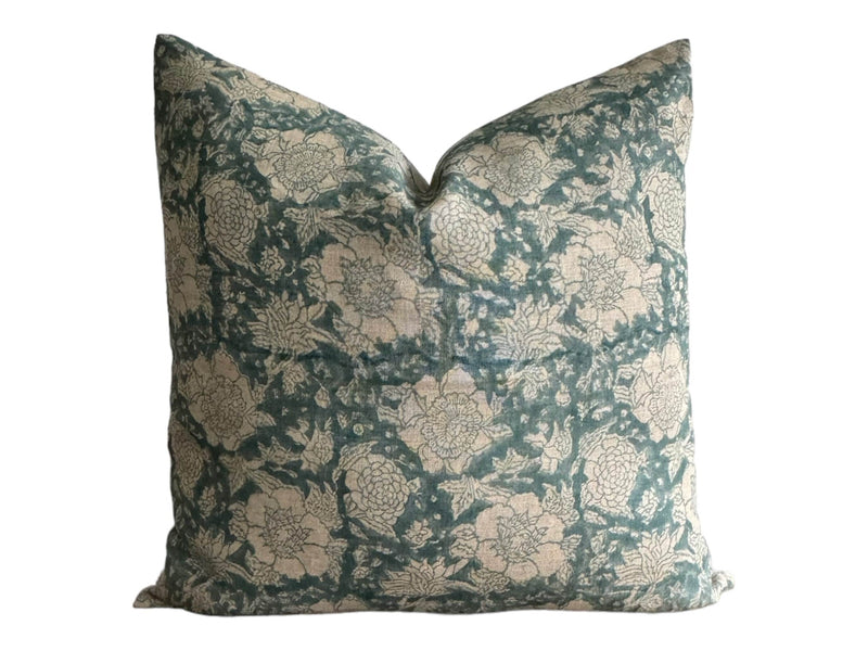 Designer Ashley Floral Pillow Cover // Blue and Natural Pillow Cover // Teal Turquoise Boutique Pillow Covers // Modern Farmhouse