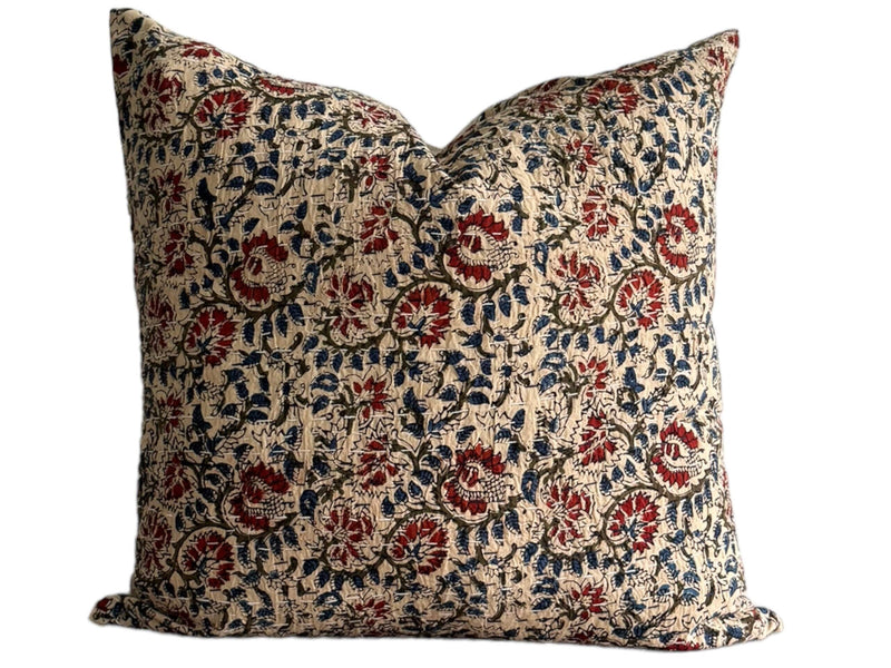 READY TO SHIP 20X20 Designer Indie Block Print Kantha Quilted Pillow Cover // Red Blue Pillow Cover // Boutique Pillow Covers // Boho